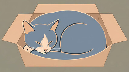 Blue and White Cat Sleeping in Cardboard Box Minimalist Illustration
