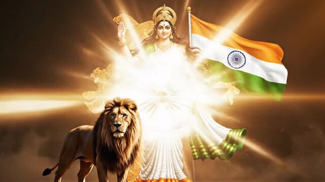 Indian Woman With Flag Rides Lion: Patriotic Heroism, National Pride, and Majestic Symbolism