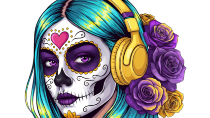 Vibrant illustration of a woman with sugar skull makeup and headphones surrounded by roses isolated on transparent background
