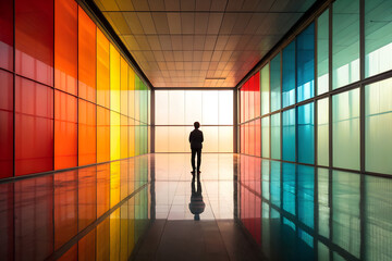 Color Gradient Hallway Silhouette: Person Centered in Reflective Glass Tunnel from Red to Blue with Symmetrical Light and Modern Architecture generative ai
