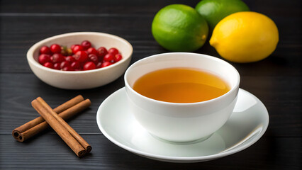 Warm cup of tea with citrus and spices