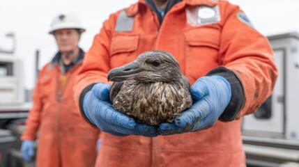 Person in orange protective gear holds an oiled bird in their gloved hands during wildlife rescue efforts amid environmental challenges.