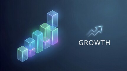 A 3D bar chart with a glowing effect shows business growth and success