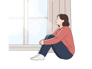Person sitting by the window looking out with a calm expression digital art
