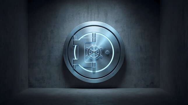 A futuristic safe with a glowing blue light on a dark gray background - Powered by Adobe