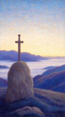 Sword in the Stone: An atmospheric landscape of a solitary sword embedded in a stone, silhouetted against a dreamy, misty mountainscape, evokes a sense of myth, mystery, and ancient legend.
