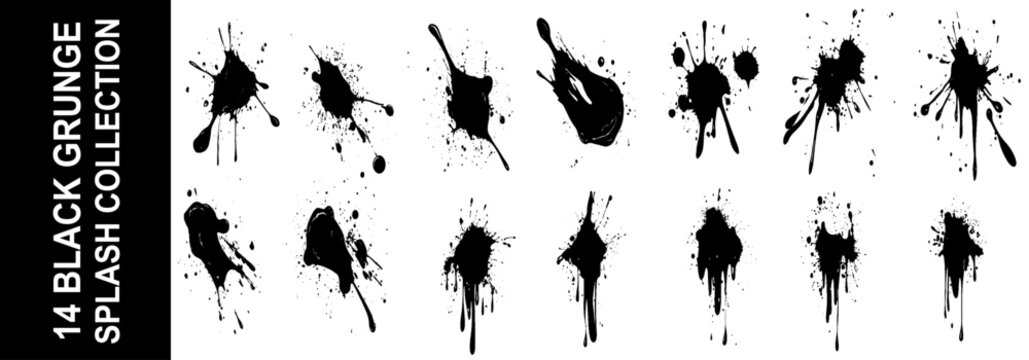 Ink drops and splashes. Blotter spots, liquid paint drip drop splash and ink splatter. Artistic dirty grunge abstract spot vector set