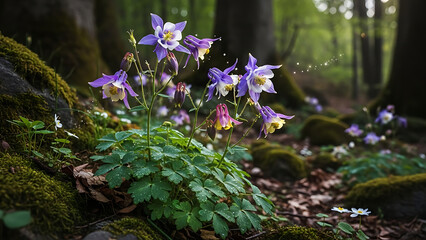 Beautiful purple and white columbine flowers growing on a mossy forest slope with trees in background