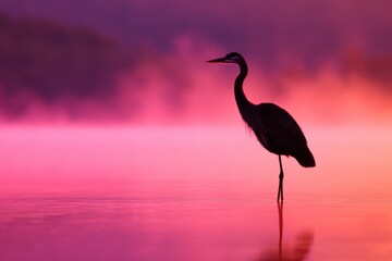 Serene Silhouette of a Heron at Sunset: A solitary heron stands gracefully in silhouette against a vibrant, dreamlike sunset over water, exuding a sense of peace and solitude.