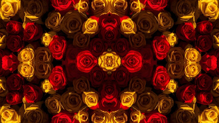 intricate symmetrical arrangement of multicolored roses with rich red yellow and brown hues creating a visually captivating floral pattern for decorative and artistic purposes