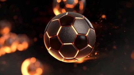 Dynamic image of a soccer ball surrounded by a fiery glow and other spheres