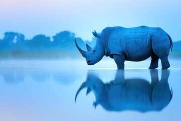 Rhino in Calm Waters: A solitary rhino, stands peacefully in calm waters, its silhouette and reflection merging with the serene environment, creating a moment of tranquility in its natural habitat.
