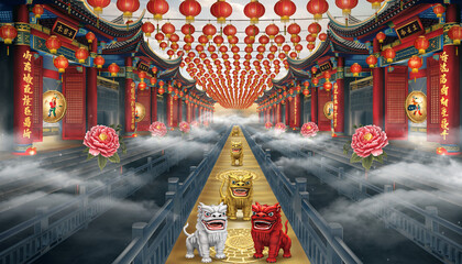 A traditional Chinese village floats above the clouds, illuminated by thousands of red lanterns, showcasing ancient architecture and cultural heritage in a serene landscape.