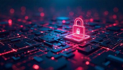 Neon lock on circuit board represents cyber security and data protection