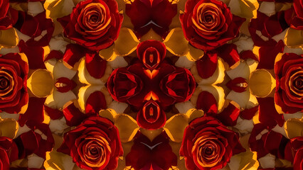 Intricate symmetrical pattern of red roses and yellow petals creating a vibrant floral mosaic with rich textures and striking visual symmetry