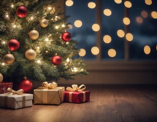 Un bellissimo albero di natale illuminato da palline dorate e rosse, alla base alcuni regali impacchettati