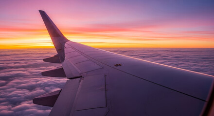 Airplane Wing View from Window Flying Above Clouds at Beautiful Pink and Orange Sunset