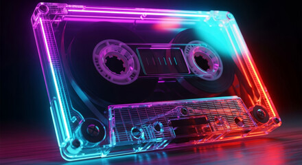 Close up of transparent retro audio cassette tape with glowing pink and blue neon lights