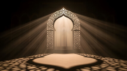 ornate arched doorway with light rays shining through casting intricate shadows on floor