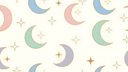 seamless pattern of pastel moons and gold stars on a cream background