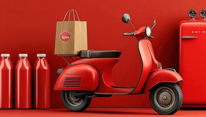 Fast online food delivery concept with red scooter and delivery bag emerging from a smartphone screen