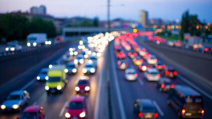 A multi-lane highway filled with heavy traffic is shown out of focus at dusk, with the bright headlights and taillights of cars creating a colorful bokeh pattern across lanes