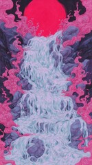 Mystic Cascade: An artistic rendering of a majestic waterfall cascading down rugged cliffs, enveloped by ethereal clouds. A vibrant red sun serves as a captivating backdrop.