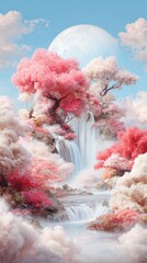 Sakura Paradise: A surreal digital painting showcasing a fantastical landscape of cascading waterfalls and flowering cherry blossom trees set against a dreamy sky, offering a serene escape.