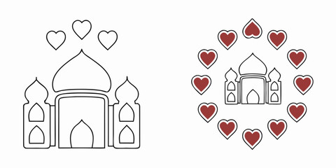 Iconic silhouette of a romanticized mausoleum structure surrounded by a floating circular arrangement of lovely hearts representing devotion and adoration