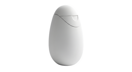 Unique egg shaped white plastic cosmetic bottle with flip top cap, isolated on white background