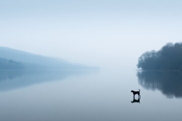 Serene Dog at the Lake: A tranquil lake scene where a silhouette of a solitary dog stands poised, its reflection mirroring in the calm water against a backdrop of mist-shrouded hills and trees.