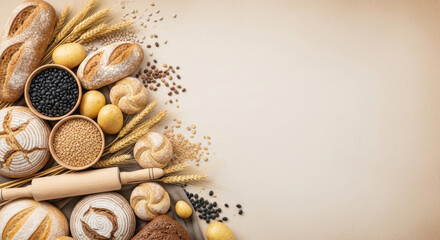 Fresh homemade bread assortment with ingredients and rolling pin on beige background
