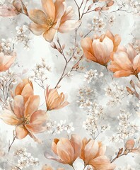 Delicate, elegant, vintage watercolor seamless pattern with white hyacinth blooms, placed sparsely on an airy ethereal background with generous white space