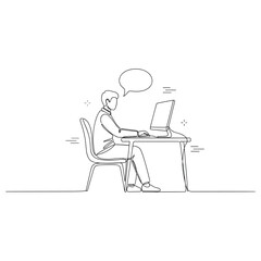 Male adult working on computer with speech bubble in minimalist line art, no editable stroke