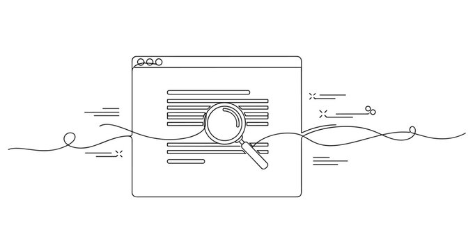 Magnifying glass examining webpage illustration with flowchart elements, no editable stroke