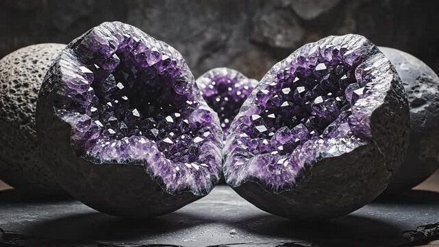 Amethyst geodes cracked open revealing glittering purple crystals inside against a dark, textured background