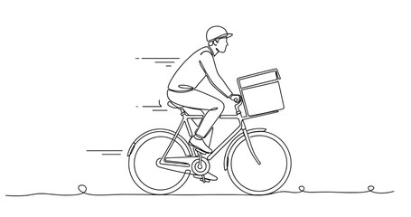 Line art of male bicycle courier delivering package with speed and efficiency, no editable stroke