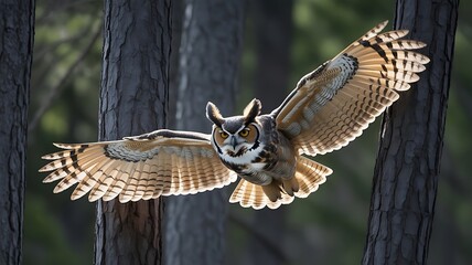 Majestic great horned owl soaring through a sunlit forest with wings fully spread showcasing detailed feather patterns