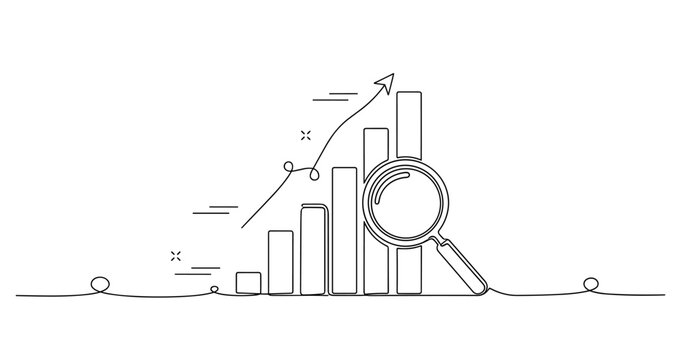 Line art of growth chart with magnifying glass highlighting data trends, no editable stroke