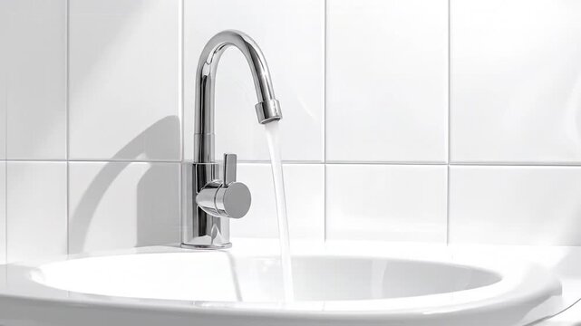 A shiny chrome faucet pours water into a white oval sink set against white tiled wall