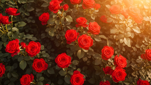 vibrant red roses blooming in lush green foliage under warm sunlight creating a picturesque garden scene with a focus on the natural beauty and intricate details of each blossom and leaf - Powered by Adobe