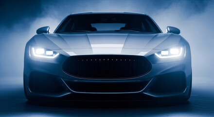 Modern Luxury Sports Car Front View with Headlights on in Blue Foggy Studio Background