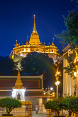Golden Mountain or Wat Saket Ratcha Wora Maha Wihan at night in Bangkok, one of the Landmarks of Bangkok, Thailand