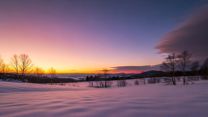 Bare trees stand on snow covered ground at sunset with vibrant purple and orange hues in the sky and distant mountains