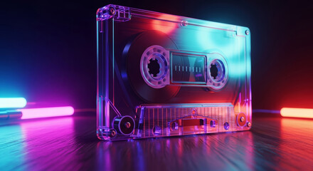 Transparent retro audio cassette tape standing on table with colorful neon lights