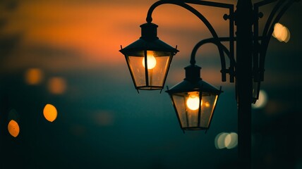 Vintage street lanterns glow warmly at night with moody lighting and bokeh effect in the background