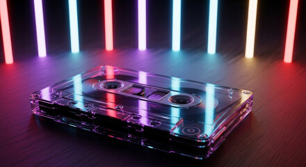 Retro transparent audio cassette tape with glowing neon lights background
