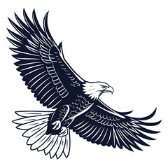 Obraz premium A striking black and white illustration depicts a majestic bald eagle soaring with outstretched wings showcasing freedom
