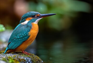 A common kingfisher with vibrant blue and orange plumage perches on a mossy rock by the water.