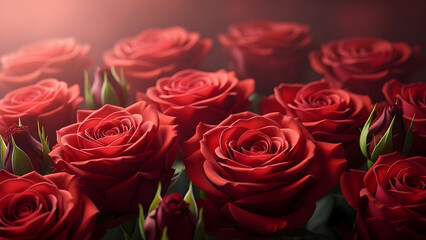 vivid collection of deep red roses with lush green leaves illuminated by soft warm lighting creating a romantic floral display perfect for special occasions or decorative purposes